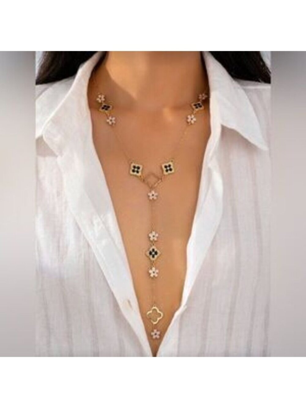 Gold Clover Lariat Necklace Long Drop Flower Charm Necklace Gift Dainty